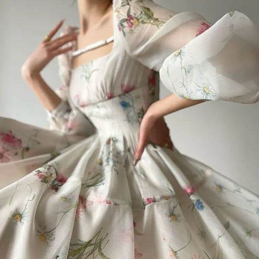 Spring 2023 New  French Dress Fish Bone Slim Print First Love Fairy  Tea Break Long Dress  vestido feminino