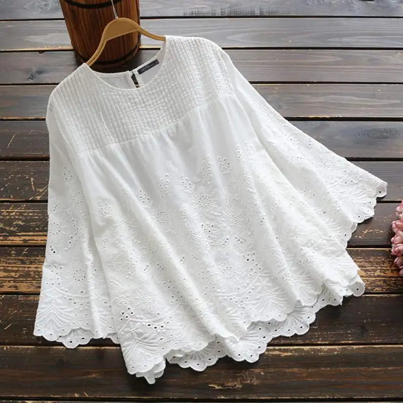 2023  Fashion Lace Tops Women's Autumn Blouse Casual Pleated Hollow Blusas Female 3/4 Sleeve Shirts  Tunic