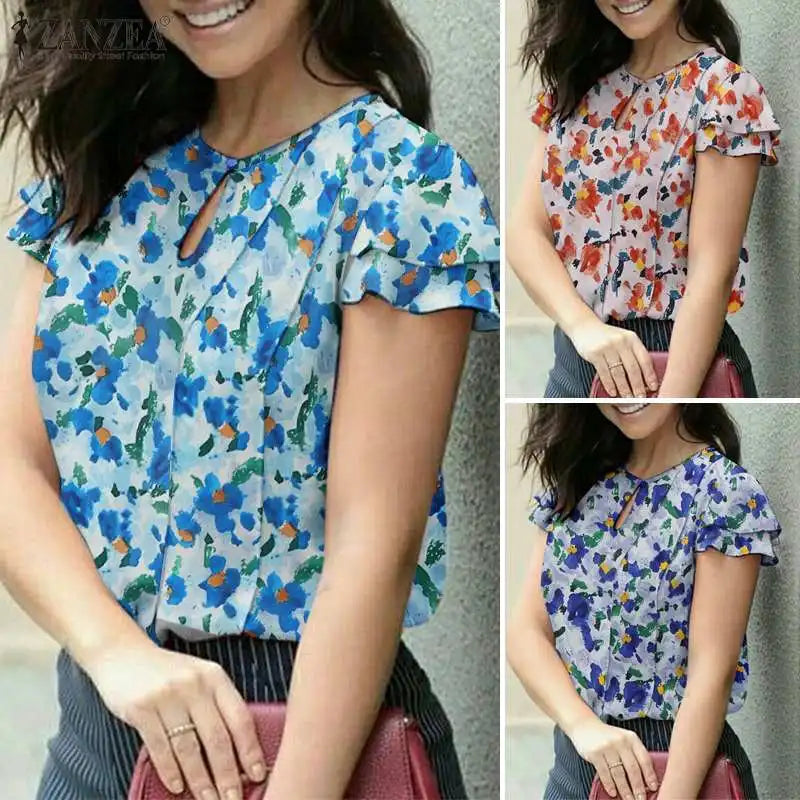 Woman Elegant Floral Printed Blouse Summer Flare Sleeve O-Neck Tunic Tops Casual Holiday Shirt Female Fashion Chemise