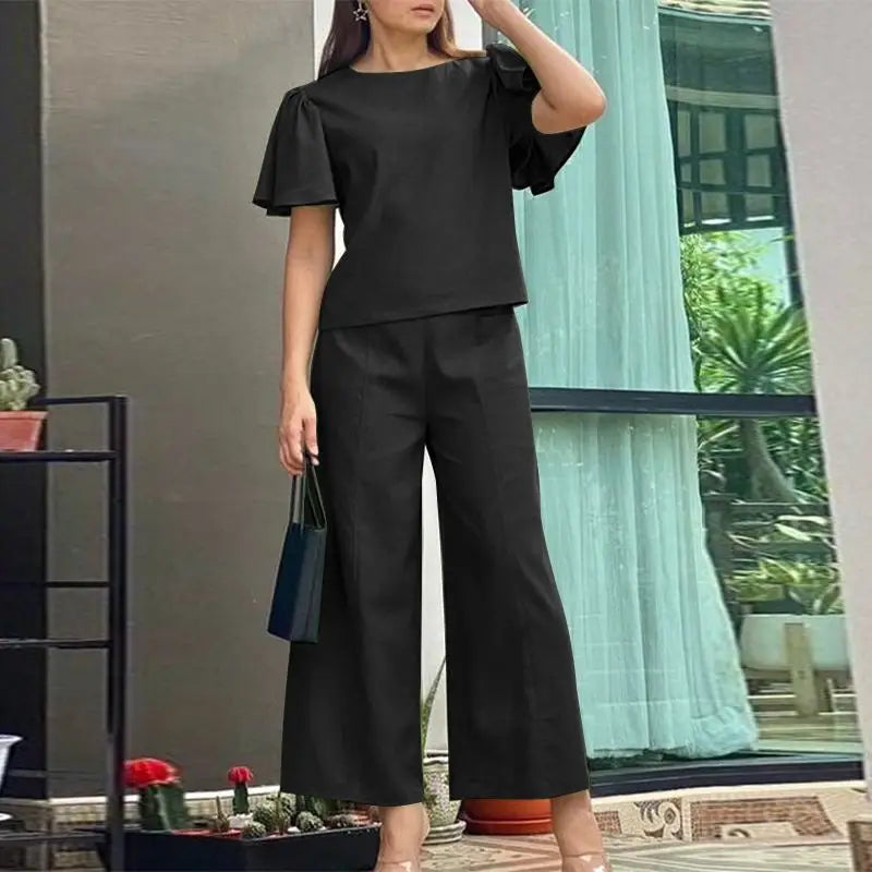Fashion Solid Color Suit Woman Short Sleeve O-Neck Blouse Loose Pants 2PCS Elegant Office Matching Sets Casual Tracksuits