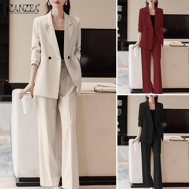 Korean Fashion Matching Sets Long Sleeve Lapel Neck Blazer Loose Trousers 2PCS Woman Elegant Solid Color Tracksuits 2024