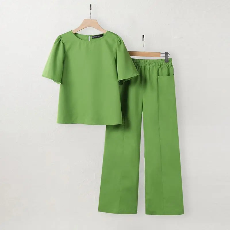 Fashion Solid Color Suit Woman Short Sleeve O-Neck Blouse Loose Pants 2PCS Elegant Office Matching Sets Casual Tracksuits
