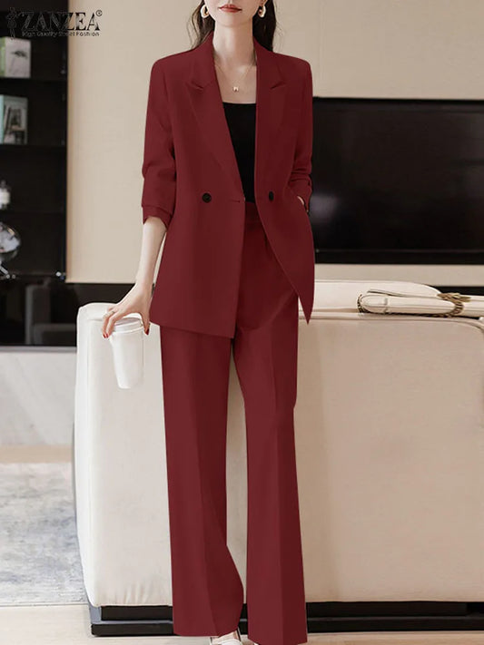 Korean Fashion Matching Sets Long Sleeve Lapel Neck Blazer Loose Trousers 2PCS Woman Elegant Solid Color Tracksuits 2024