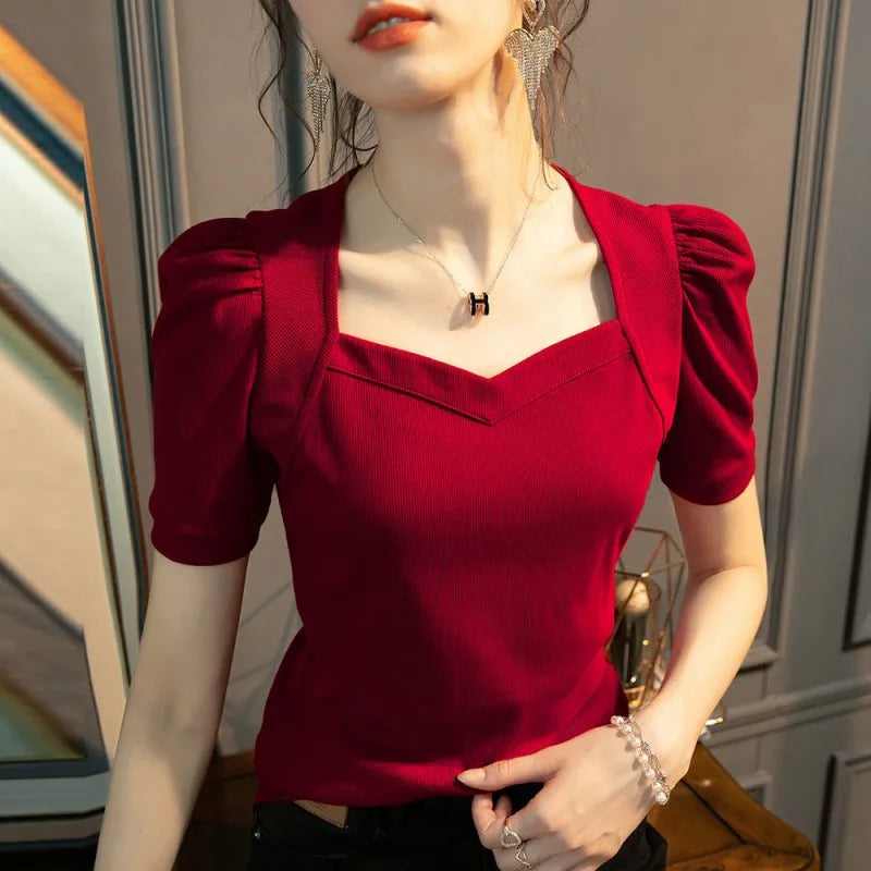 Women Spring Summer Style Blouses Shirts Lady Casual Short Puff Sleeve Turn-down Collar Solid Color Blusas Tops