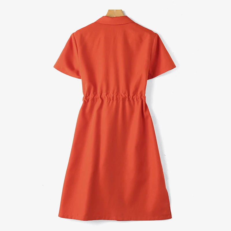 Summer Fashion Lapel Neck Dress Woman Short Sleeve Solid Color Dresses Elegant Drawstring Waist Sundress Casual Robe 2024