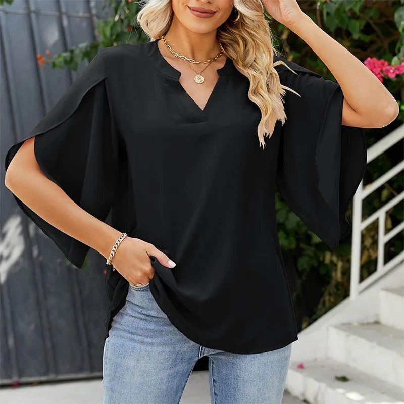 Fashion Solid Color Women's Blouse 3/4 Sleeve V-Neck Tunic Tops Casual Holiday Shirt Female Elegant OL Work Chemise 2024