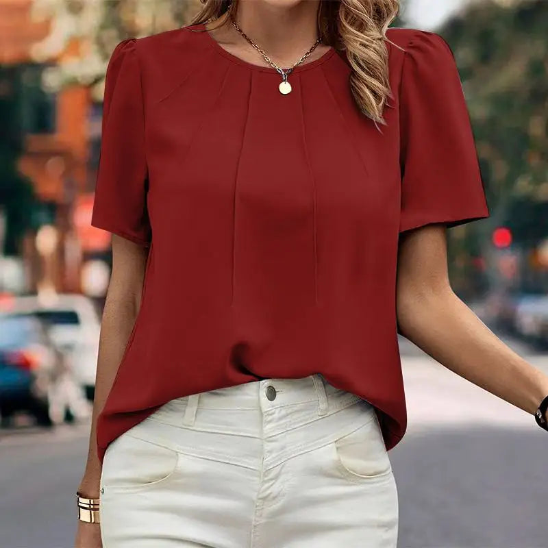 Fashion Pleated Blouse Summer Short Sleeve O-Neck Tunic Tops Femme Elegant OL Work Shirt Woman Casual Solid Color Chemise