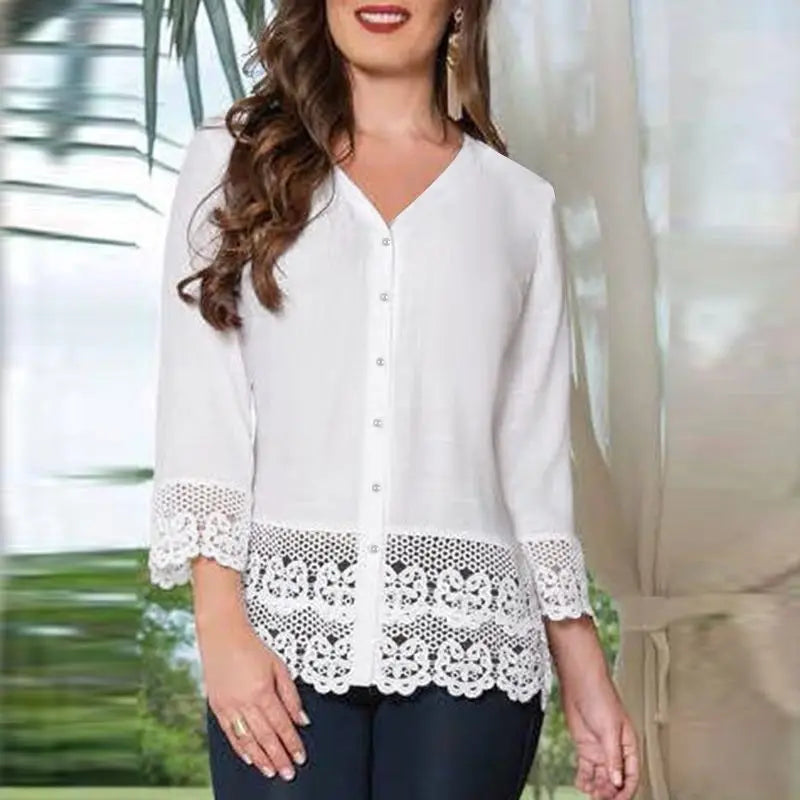 Bohemian Lace Patchwork Blouse Summer Flare Sleeve V-Neck Shirt Woman Casual Loose Tunic Tops Fashion Party Chemise 2023