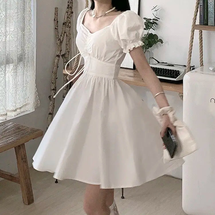 Sweet White Vestidos 2023 New Puff Sleeve Dress Women Mori Vintage Wrap Bodycon Short Dresses Preppy Style School Robes Female