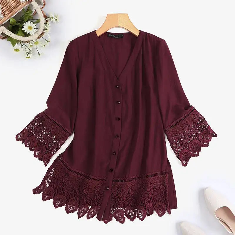 Bohemian Lace Patchwork Blouse Summer Flare Sleeve V-Neck Shirt Woman Casual Loose Tunic Tops Fashion Party Chemise 2023