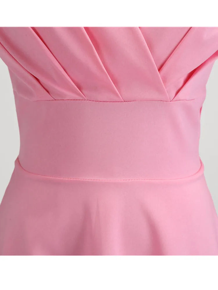 Pink Summer Dress Women V Neck Vintage Robe Elegant Retro pin up Party Office Midi Dresses