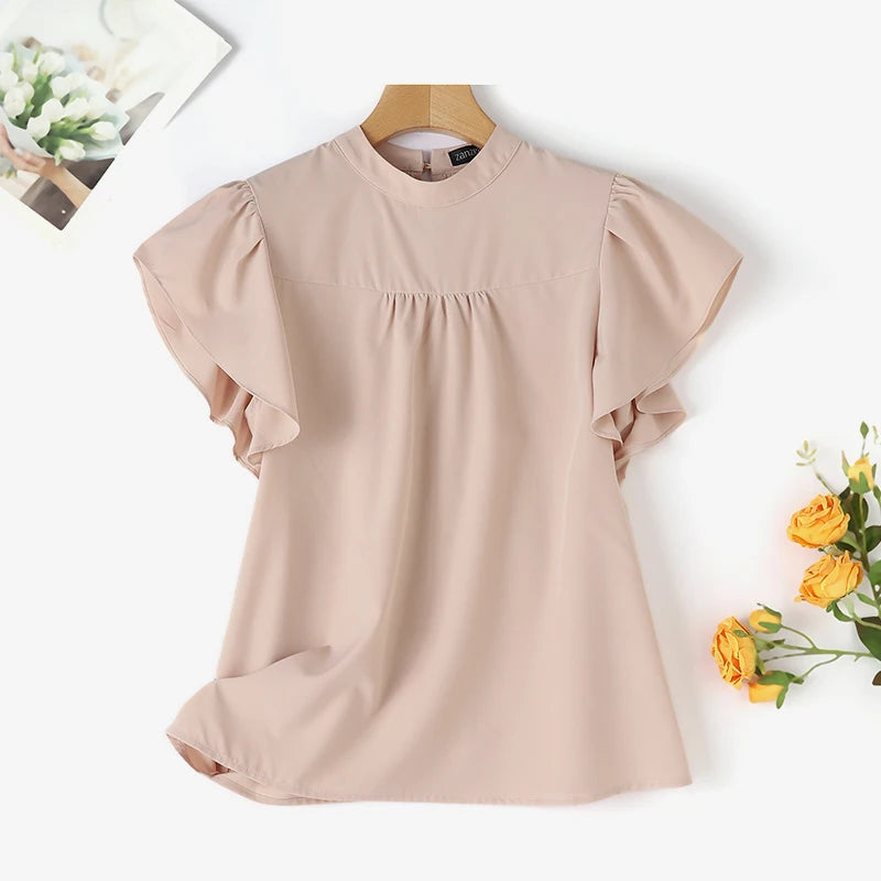 Fashion Stand Collar Blouse Woman Short Sleeve Solid Color Tunic Tops Casual Holiday Shirt Female Elegant OL Chemise 2024