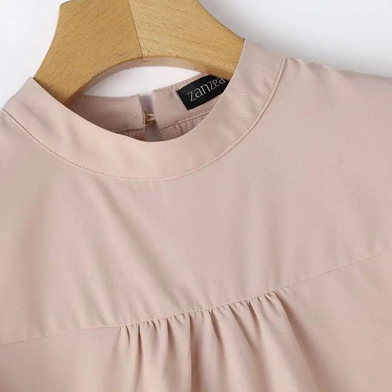 Fashion Stand Collar Blouse Woman Short Sleeve Solid Color Tunic Tops Casual Holiday Shirt Female Elegant OL Chemise 2024