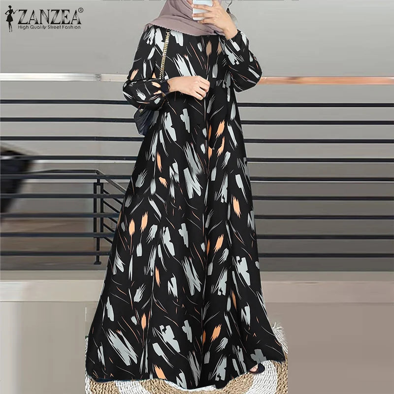 Casual Abaya Kaftan Vestidos Vintage Printing Muslim Dress Full Sleeve O-Neck Maxi Robe Elegant Party Sundress 2024