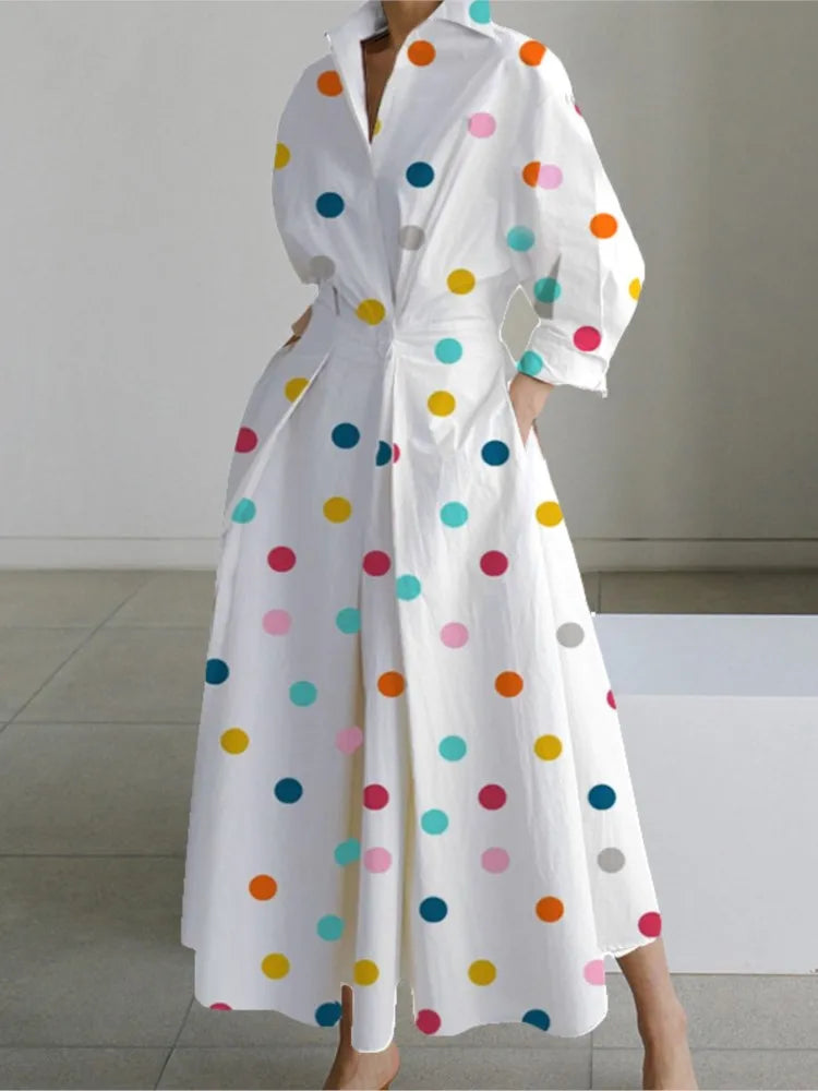 Autumn Dress Long Sleeve Dot Print Elegant Maxi Dresses For Women 2023 White Casual V Neck Shirt Party Long Dress Robe Femme