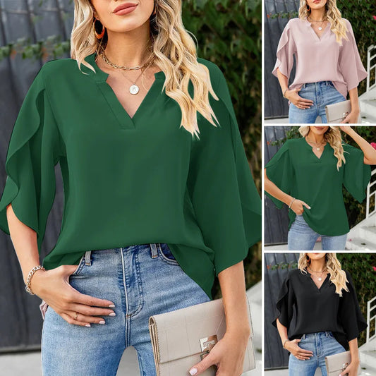 Fashion Solid Color Women's Blouse 3/4 Sleeve V-Neck Tunic Tops Casual Holiday Shirt Female Elegant OL Work Chemise 2024