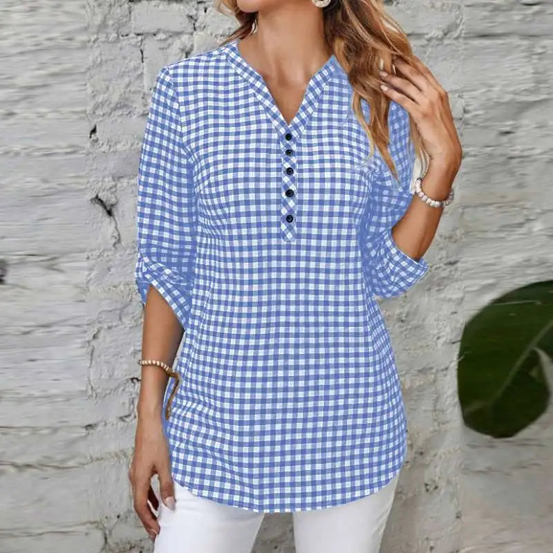 Fashion Grid Printed Blouse Woman 3/4 Sleeve V-Neck Tunic Tops Casual Holiday Shirt Summer Elegant OL Work Chemise 2024